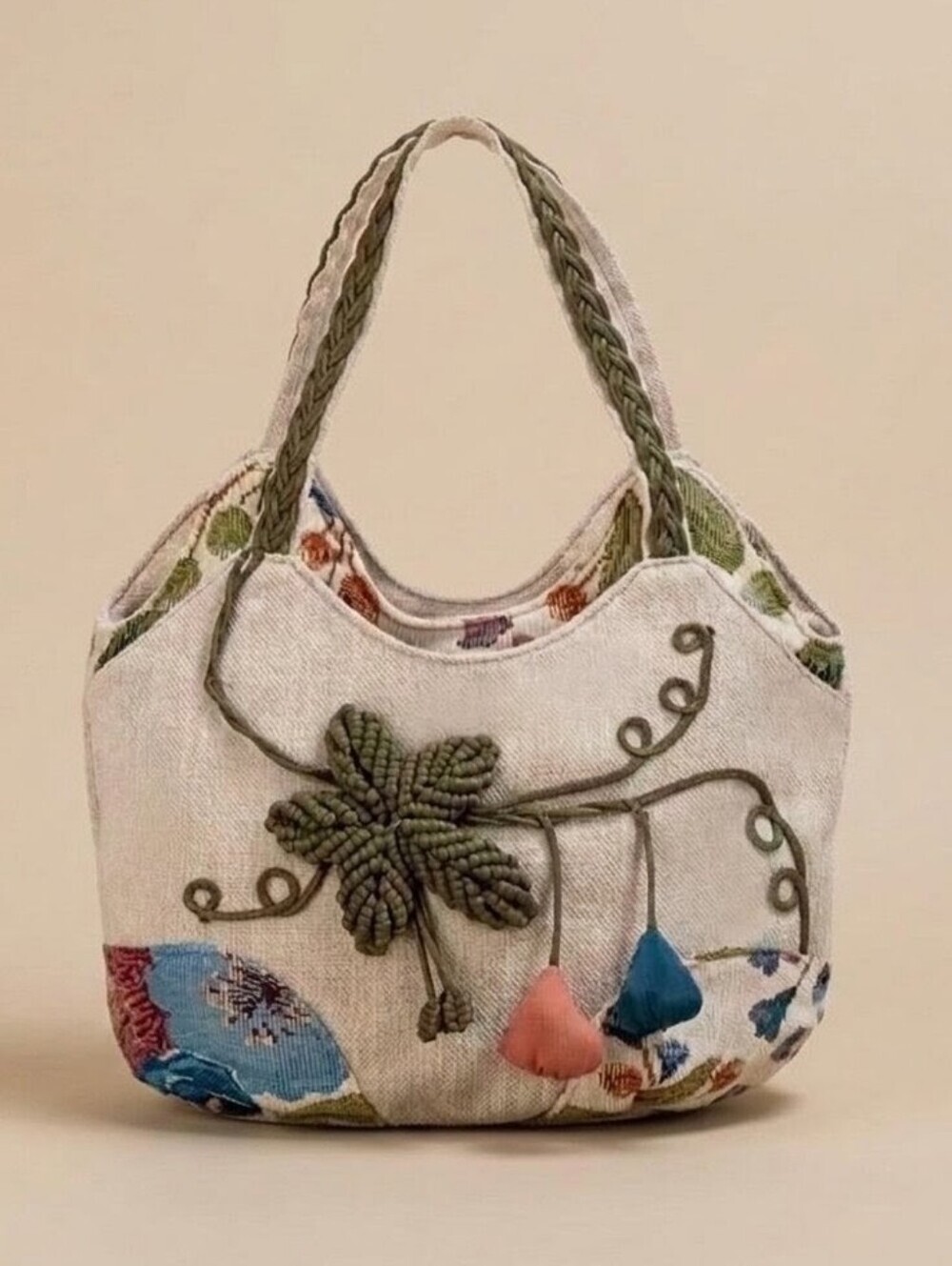 Boho Woven Tapestry 3-D Floral Shoulder Bag with Knot & Charm Detail NWT!